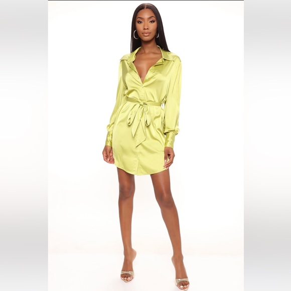 Satin Lime Green Shirt Dress - Picture 2 of 8